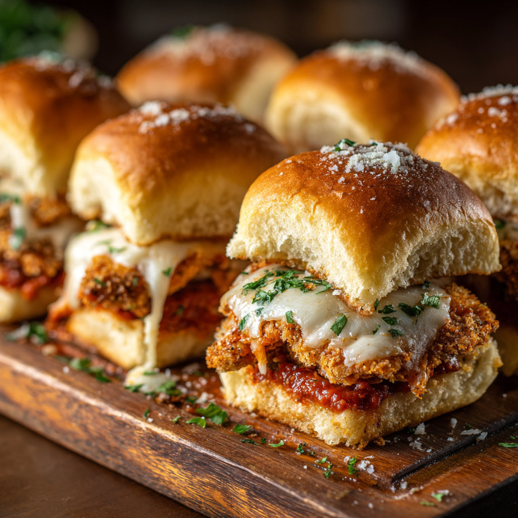 Crispy chicken parmesan sliders with melted mozzarella and marinara sauce on golden buns.