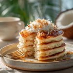 Steaming stack of fluffy coconut cream pancakes topped with toasted coconut flakes and syrup.