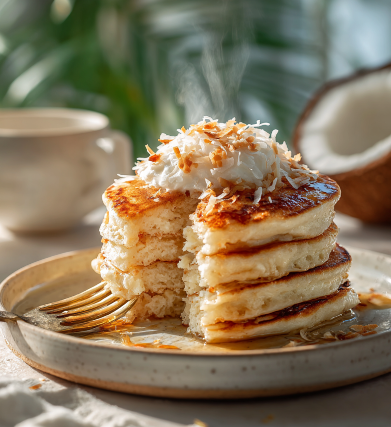Steaming stack of fluffy coconut cream pancakes topped with toasted coconut flakes and syrup.
