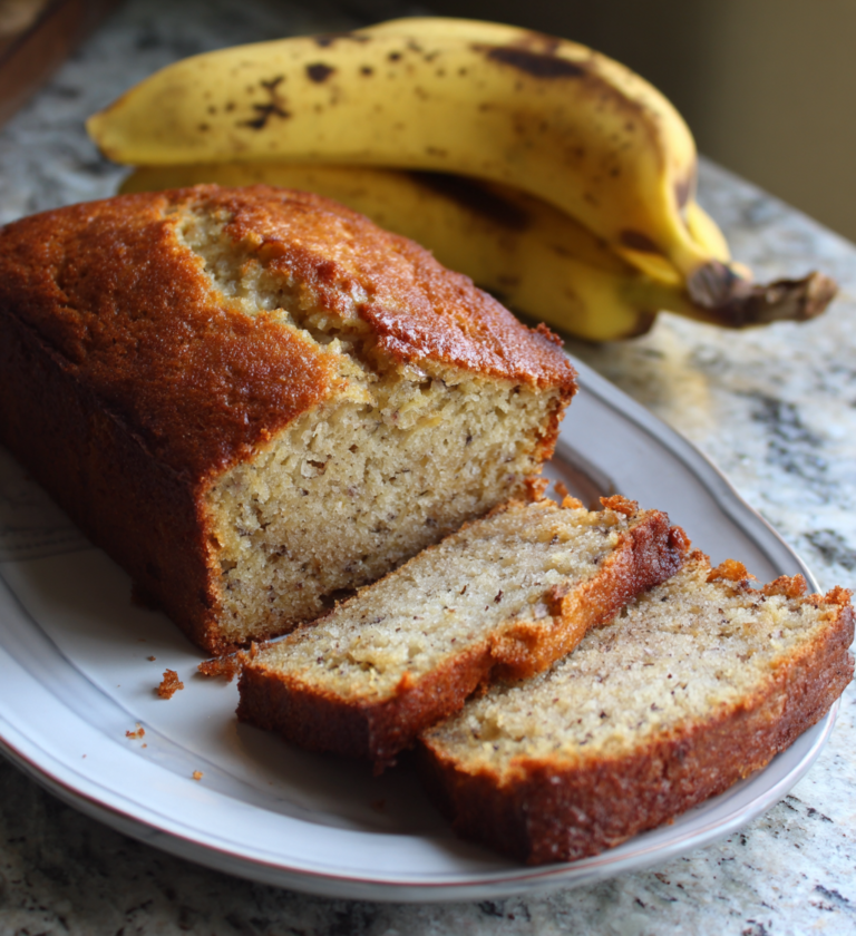 Sliced moist banana cake loaf on a plate with ripe yellow bananas in the background.