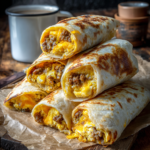 Stack of golden-brown sausage, egg, and cheese breakfast roll-ups on parchment paper.
