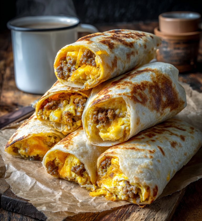 Stack of golden-brown sausage, egg, and cheese breakfast roll-ups on parchment paper.
