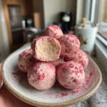 Strawberry cheesecake protein balls dusted with strawberry powder on a small ceramic plate.