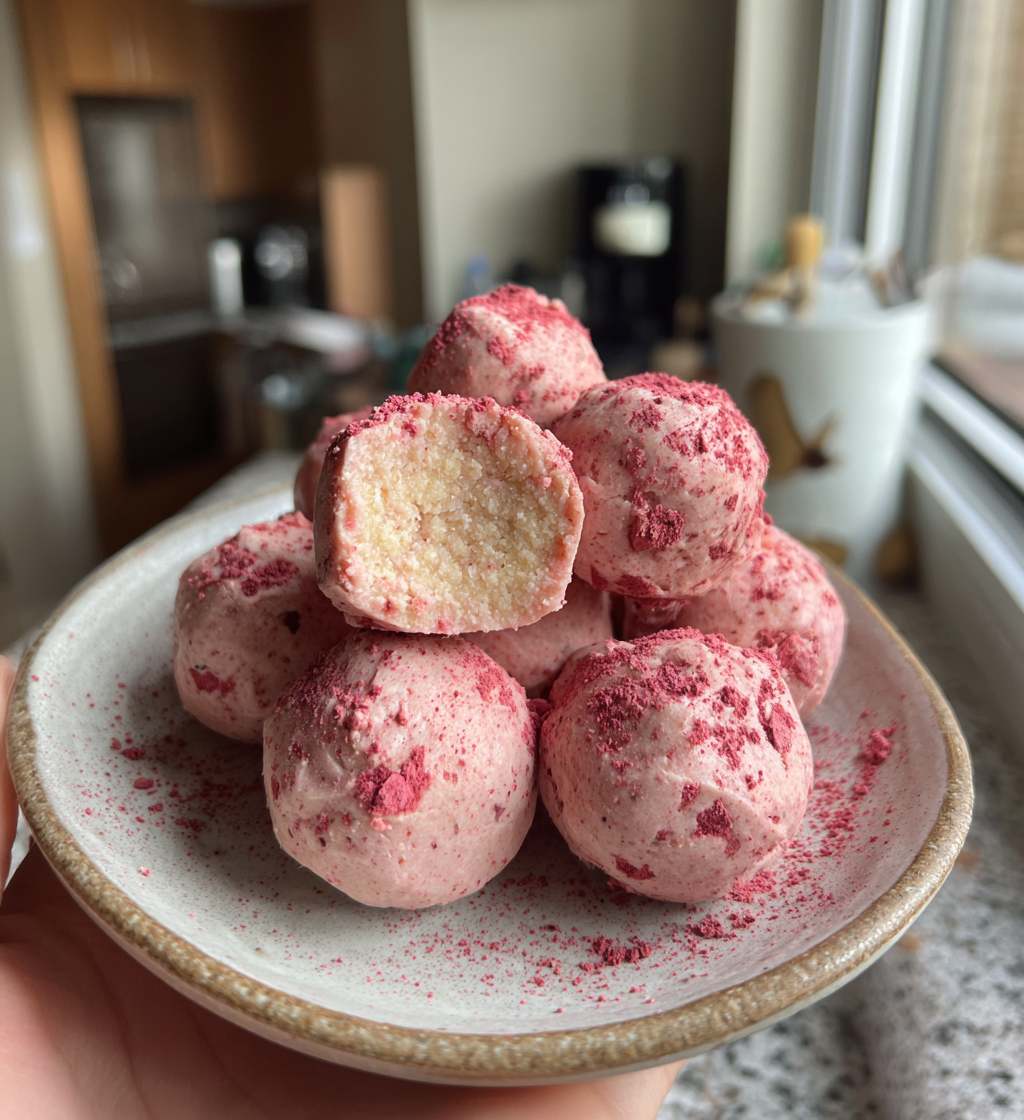 Strawberry cheesecake protein balls dusted with strawberry powder on a small ceramic plate.