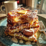 Stack of cinnamon roll French toast topped with melting butter and white icing drizzle.