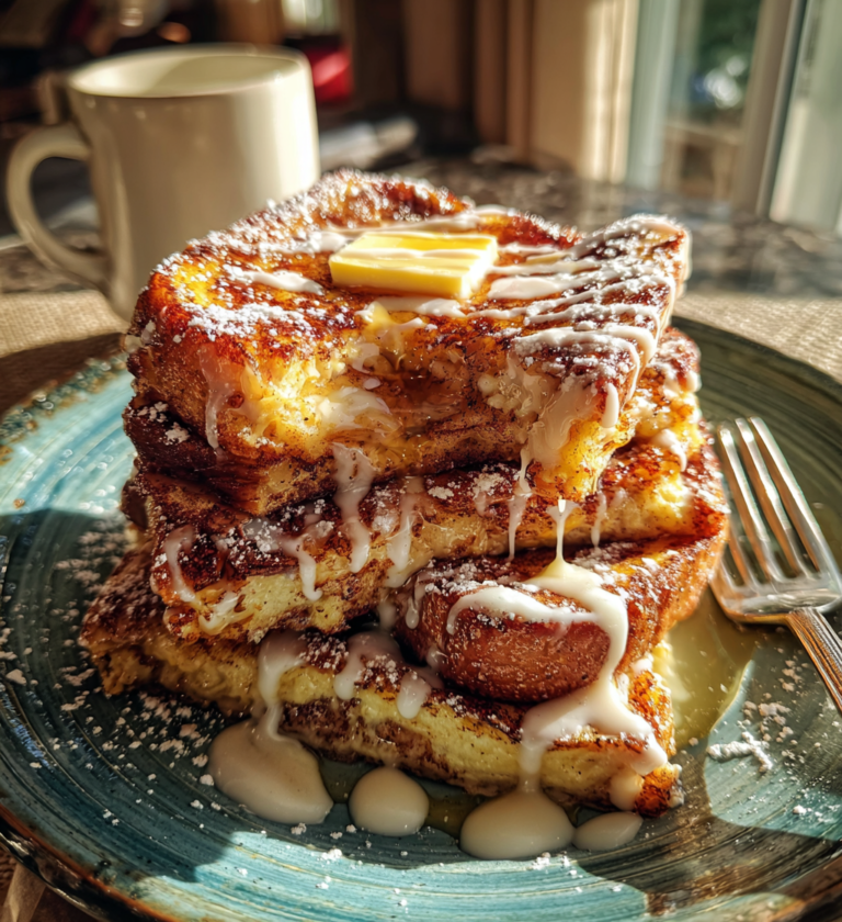 Stack of cinnamon roll French toast topped with melting butter and white icing drizzle.
