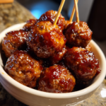 Glazed crockpot grape jelly meatballs served in a white bowl with appetizer toothpicks.