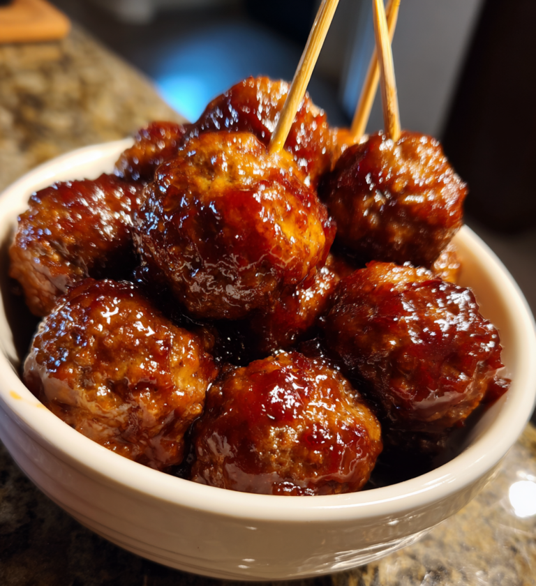 Glazed crockpot grape jelly meatballs served in a white bowl with appetizer toothpicks.