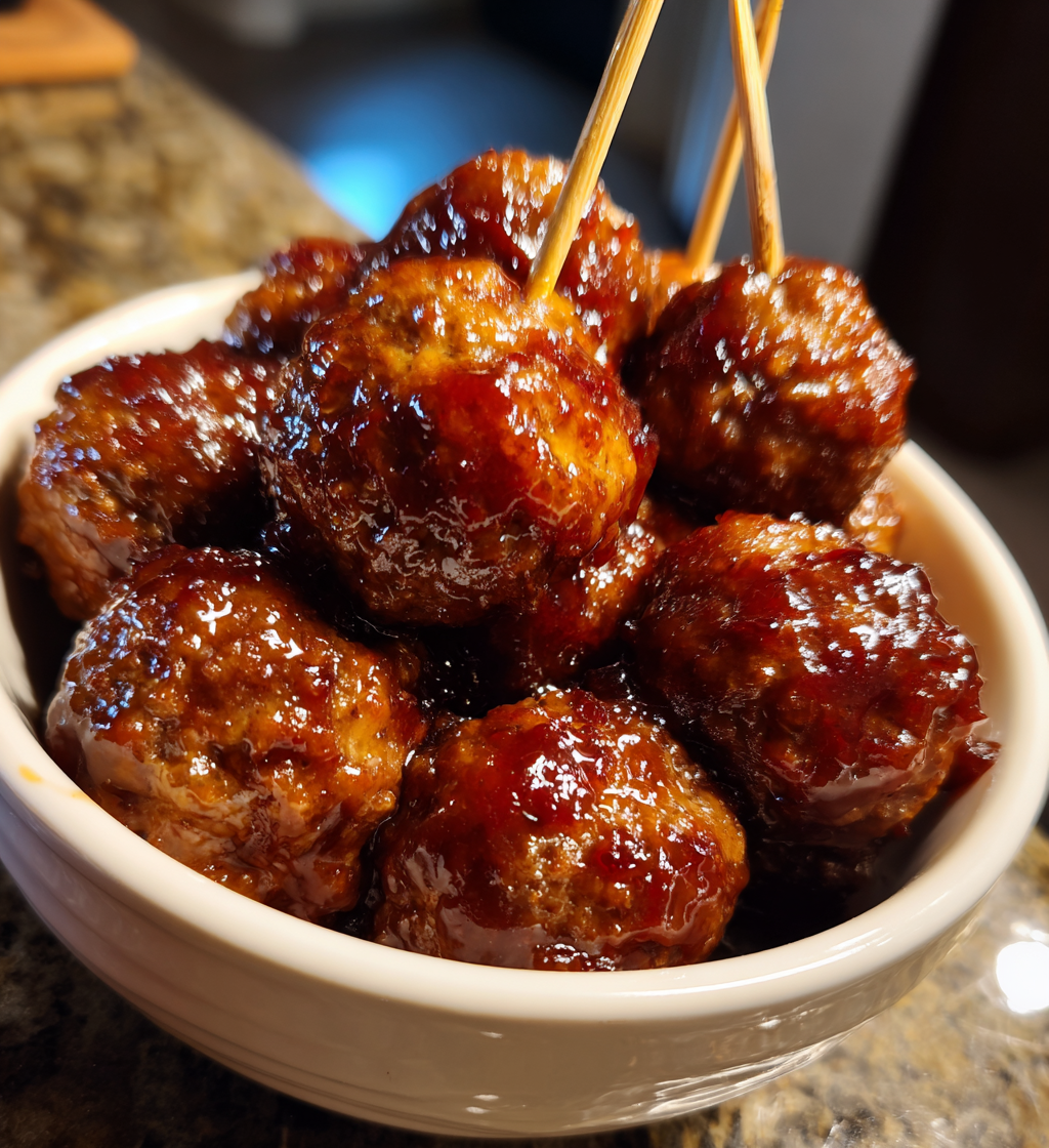 Glazed crockpot grape jelly meatballs served in a white bowl with appetizer toothpicks.