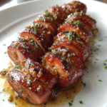 Mustard glazed hasselback kielbasa bites garnished with fresh parsley on a white plate.