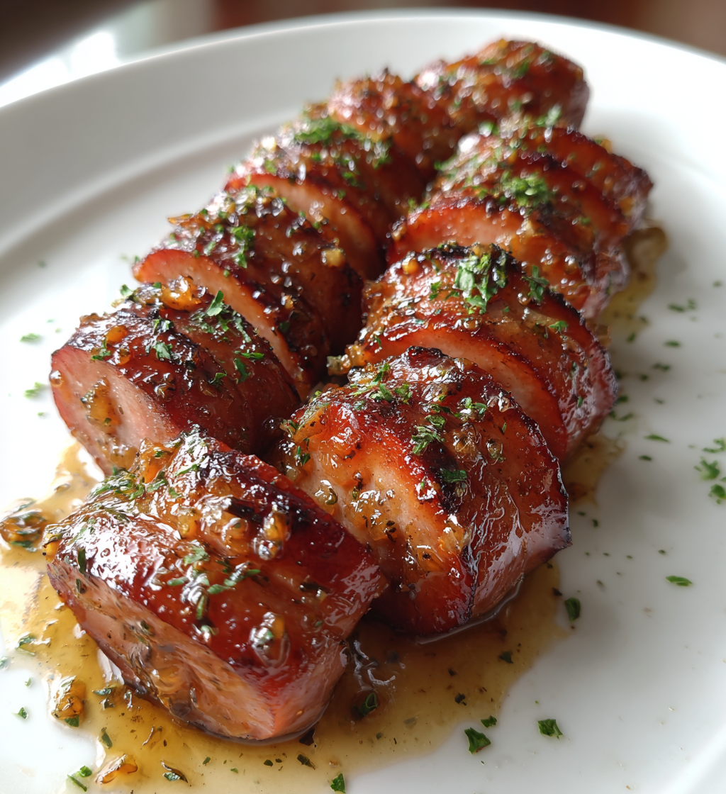 Mustard glazed hasselback kielbasa bites garnished with fresh parsley on a white plate.