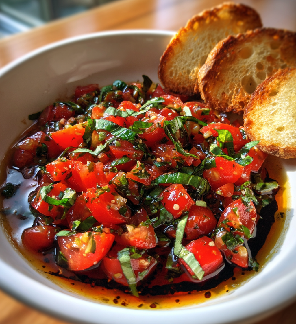 Fresh tomato and basil bruschetta dip in a white bowl with toasted baguette slices.