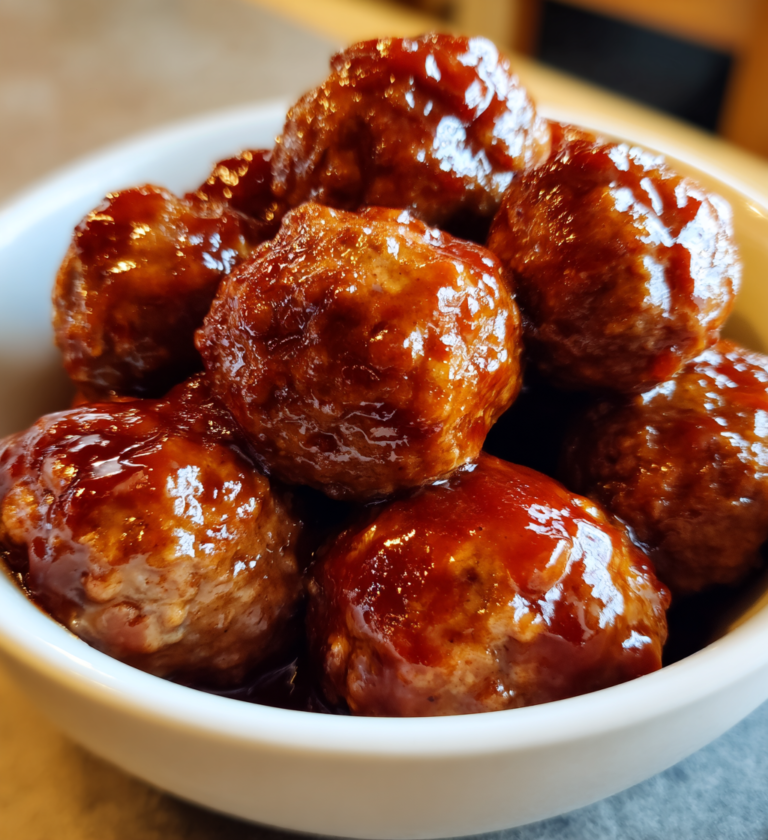 Glossy BBQ meatballs in a bowl, the ultimate 3-ingredient crockpot appetizer.
