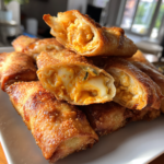 Crispy buffalo chicken egg rolls showing a spicy chicken and melted cheese filling.