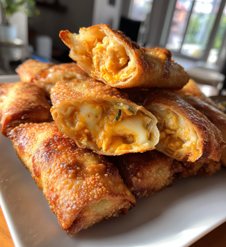 Crispy buffalo chicken egg rolls showing a spicy chicken and melted cheese filling.