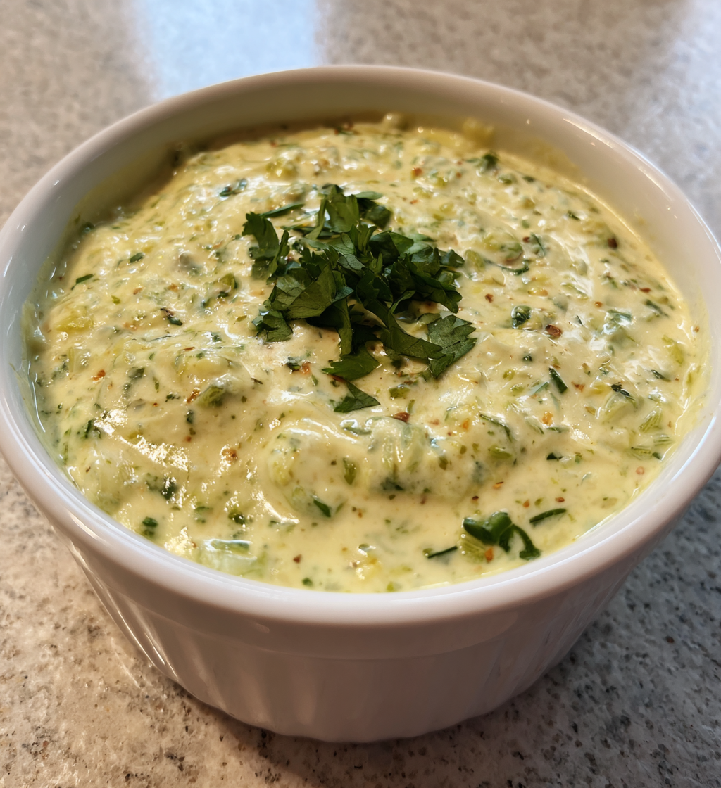 Creamy salsa verde queso dip topped with fresh cilantro in a white bowl.