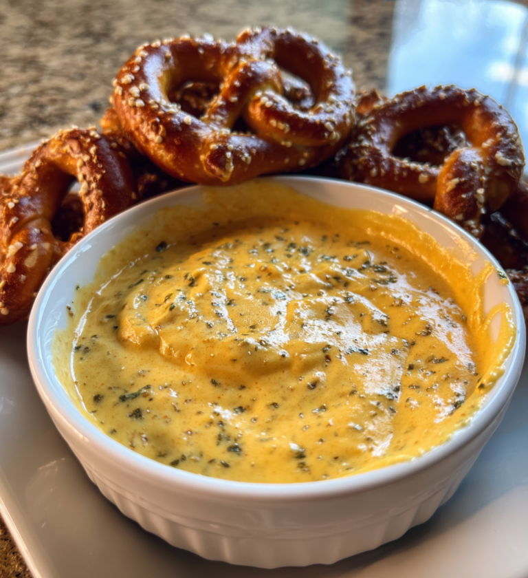 Creamy beer cheese dip with herbs served in a bowl with salted soft pretzels.