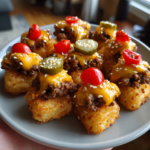 Tater tot mini cheeseburger bites topped with melted cheese, pickles, and cherry tomatoes.