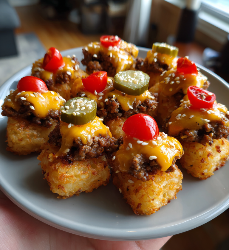 Tater tot mini cheeseburger bites topped with melted cheese, pickles, and cherry tomatoes.