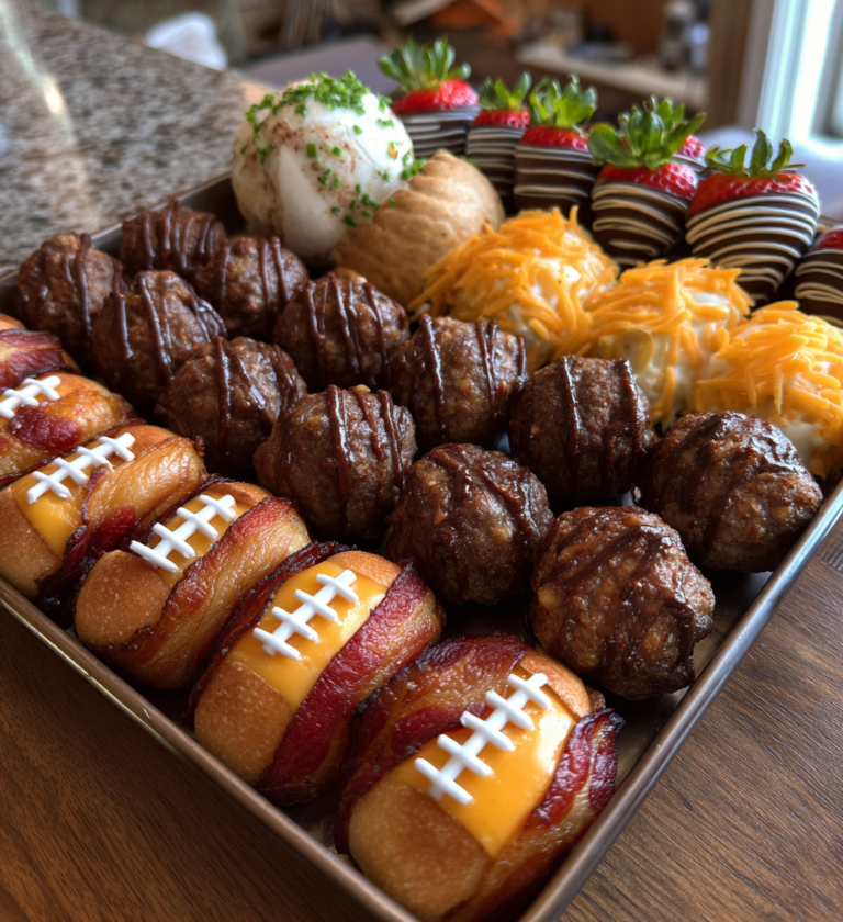 A tray of football-shaped Super Bowl snacks including sliders, meatballs, and chocolate-covered strawberries.