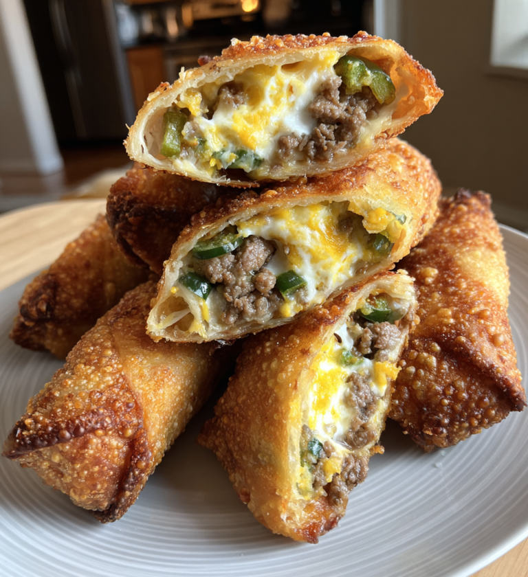 Crispy mini jalapeño popper egg rolls filled with melted cheese and savory ground meat.