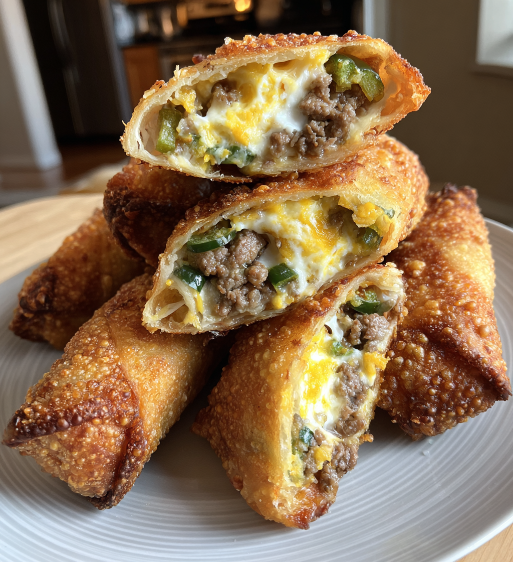 Crispy mini jalapeño popper egg rolls filled with melted cheese and savory ground meat.
