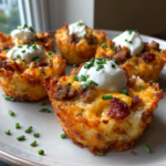 Crispy cheesy bacon tater tot cups topped with sour cream and fresh chives.