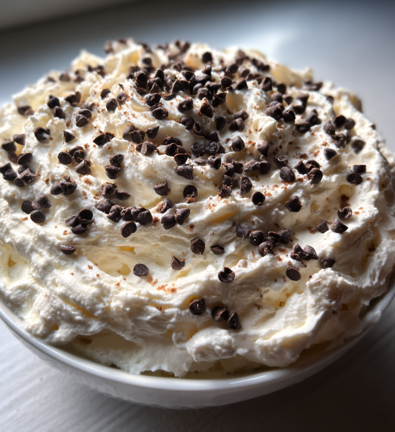 Creamy chocolate chip cheesecake dip topped with mini chocolate chips in a white bowl.
