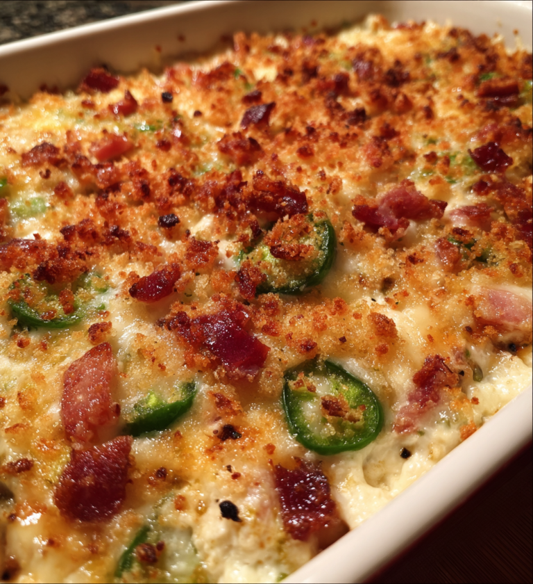 Creamy jalapeño popper dip topped with crispy bacon, jalapeño rounds, and golden breadcrumbs.