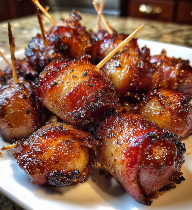 Close-up of glazed bacon wrapped water chestnuts appetizer served on toothpicks.