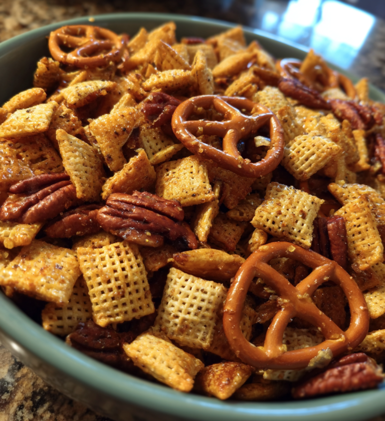 A bowl of seasoned homemade Chex mix with cereal squares, pretzels, and pecans.