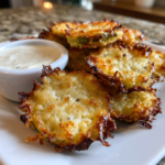 Crispy golden-brown pickle cheese bites served with a side of creamy ranch dipping sauce.