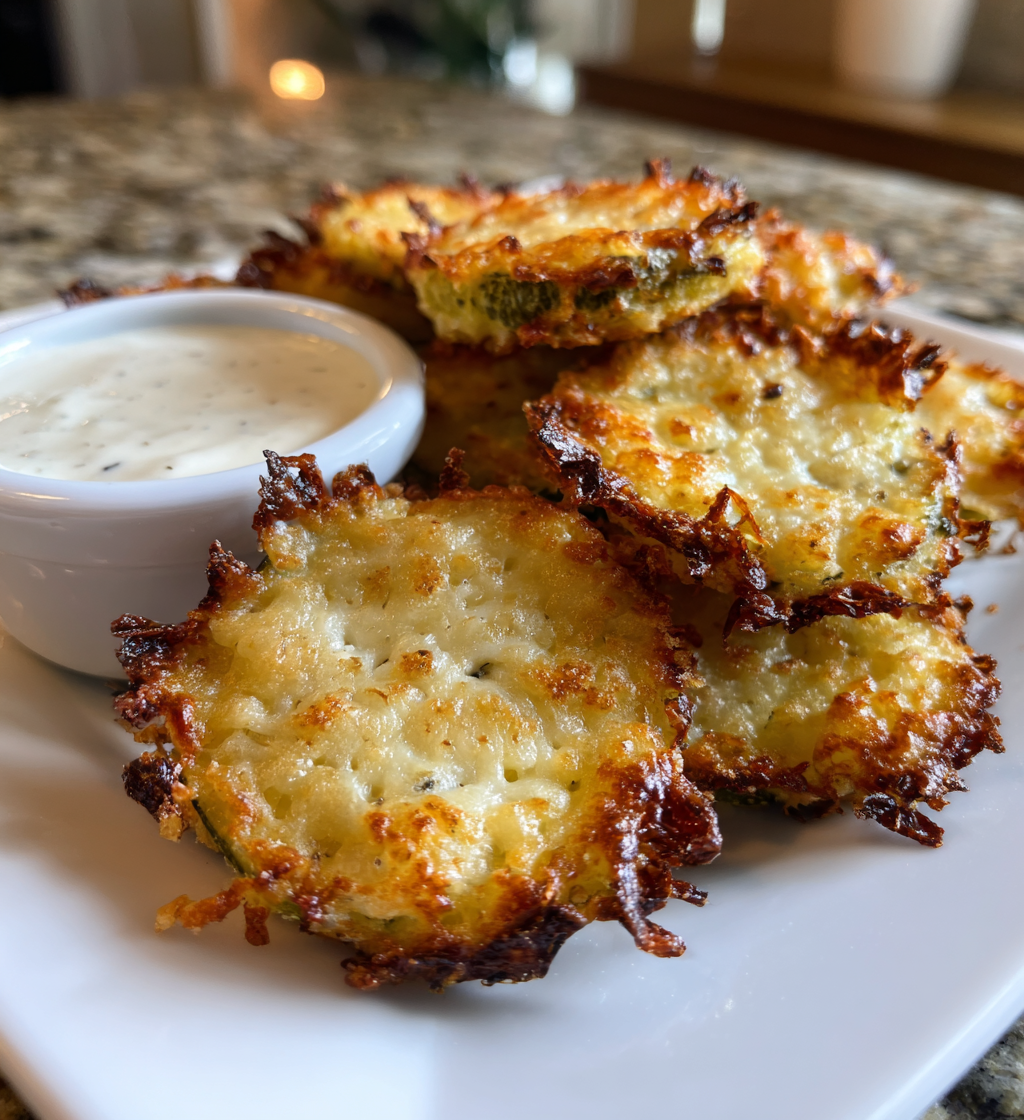 Crispy golden-brown pickle cheese bites served with a side of creamy ranch dipping sauce.