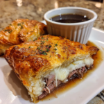 Golden, flaky French dip squares with melted cheese and beef served with savory au jus.