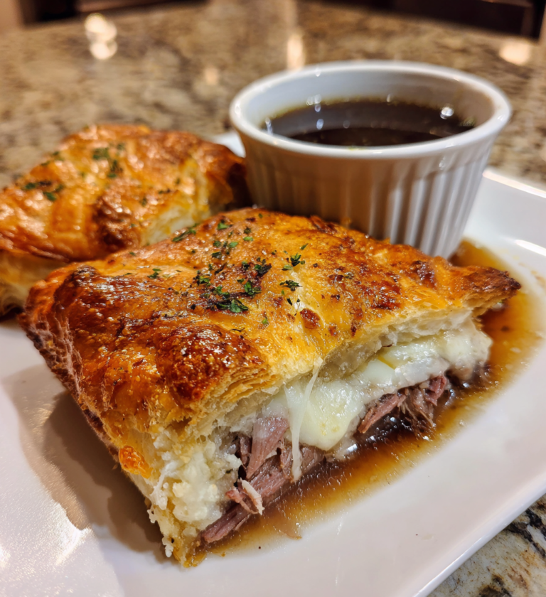 Golden, flaky French dip squares with melted cheese and beef served with savory au jus.