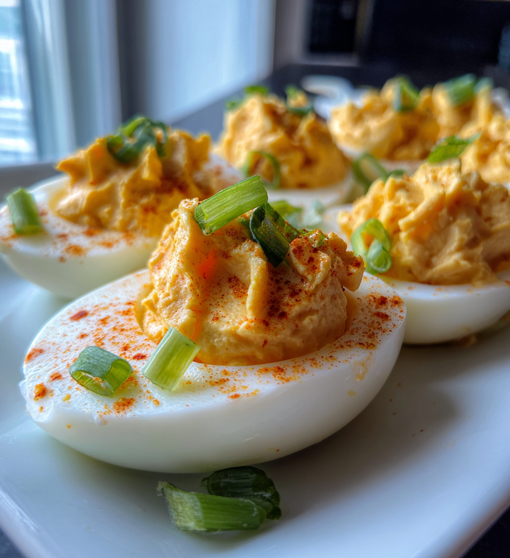 Spicy chili garlic deviled eggs topped with red chili powder and fresh green onions.