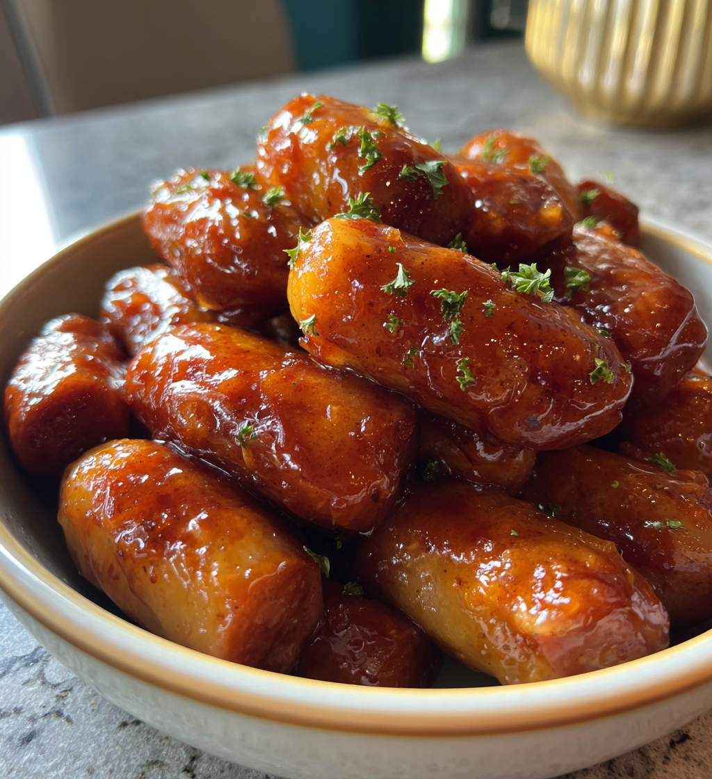 Pineapple brown sugar glazed Lil' Smokies cocktail sausages in a bowl with fresh parsley.