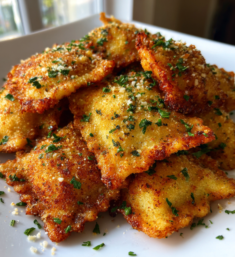 Golden-brown crispy ravioli appetizer topped with Parmesan cheese and fresh herbs.