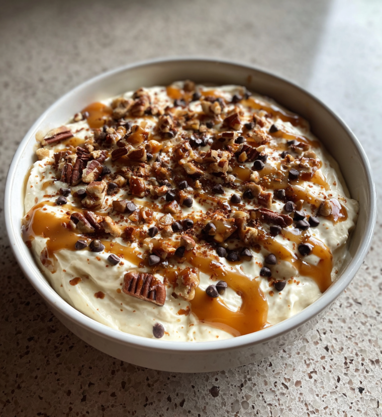 Creamy turtle cheesecake dip topped with caramel sauce, pecans, and mini chocolate chips.