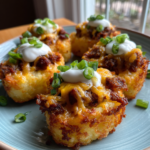 Golden-brown loaded tater tot appetizers topped with cheese, bacon bits, sour cream, and green onions.