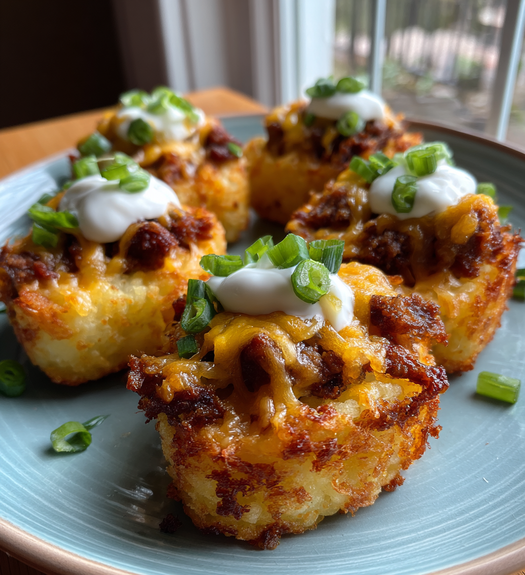 Golden-brown loaded tater tot appetizers topped with cheese, bacon bits, sour cream, and green onions.