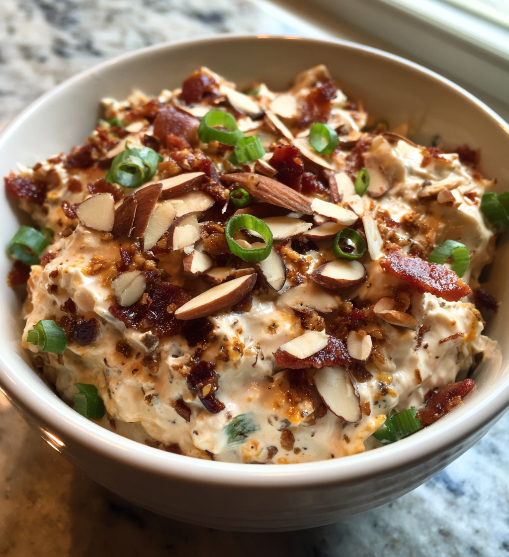 Creamy Million Dollar Crack Dip topped with crispy bacon, sliced almonds, and green onions.