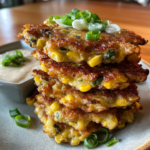 Stacked crispy jalapeño corn fritters topped with green onions and creamy dipping sauce.