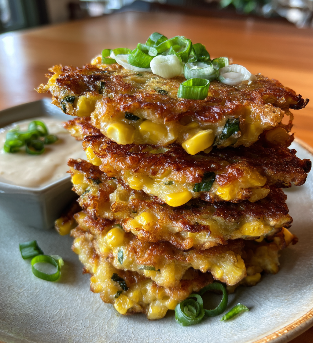 Stacked crispy jalapeño corn fritters topped with green onions and creamy dipping sauce.