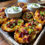 Crispy loaded potato skins topped with cheese and bacon, served with sour cream dip.