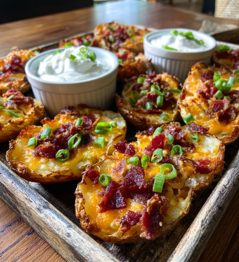 Crispy loaded potato skins topped with cheese and bacon, served with sour cream dip.