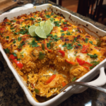 One-pan chicken fajita rice casserole with melted cheese, peppers, and fresh lime slices.
