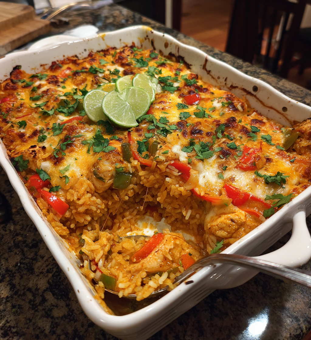 One-pan chicken fajita rice casserole with melted cheese, peppers, and fresh lime slices.