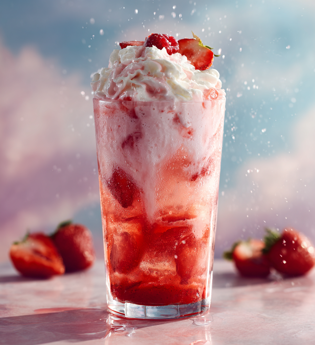 Refreshing strawberry cream soda topped with whipped cream and fresh berries.