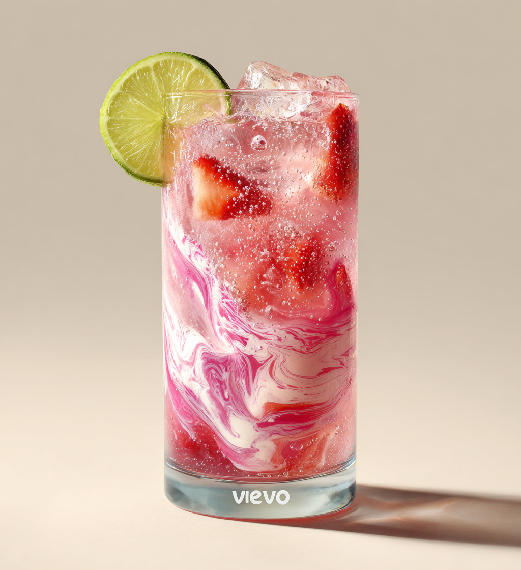 Refreshing pink strawberry dirty sprite with fresh fruit slices, lime garnish, and ice.